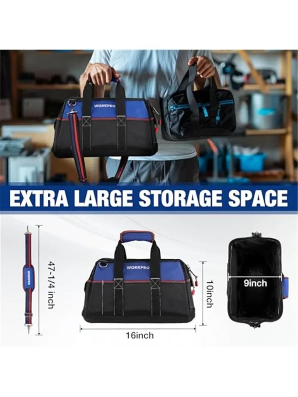 16-inch Wide Mouth Tool Bag, Heavy Duty Cloth Tool Storage Bag with Water Proof